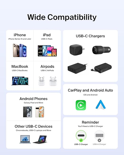 Belkin USB C to USB C Cable 2-Pack, 6.6ft, 60W - Type C Charger, iPhone Charger Cord, Soft, Braided, Flexible for iPhone 16, Galaxy S25, Pixel 9, Airpods, iPad Pro & More, Travel Essentials - Blue