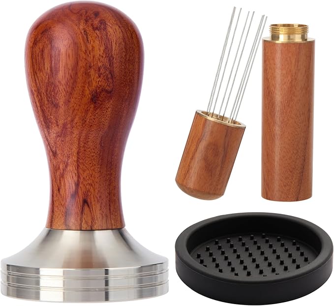 51mm Espresso Tamper Kit, Hard Wood Espresso Tamper Tool & Powder Press Pad & 8-Needles Espresso Stirrers For 51 mm Portafilter