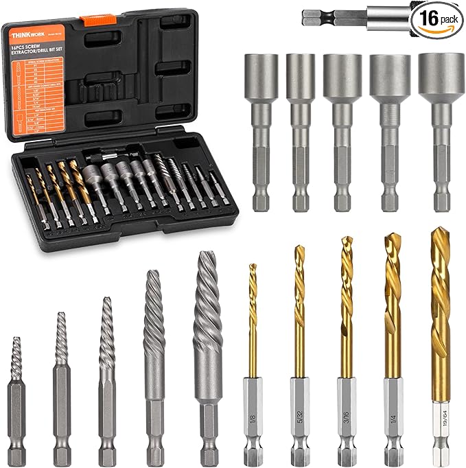 THINKWORK 16pcs Screw Extractor, Spiral Bolt Extractor Kit, Easy Out Left Hand Drill Bit Set, HSS Steel Cobalt Reverse Drill Bits for Stripped, Broken, Rusted, Rounded Screws, Bolts, Nuts, Fasteners
