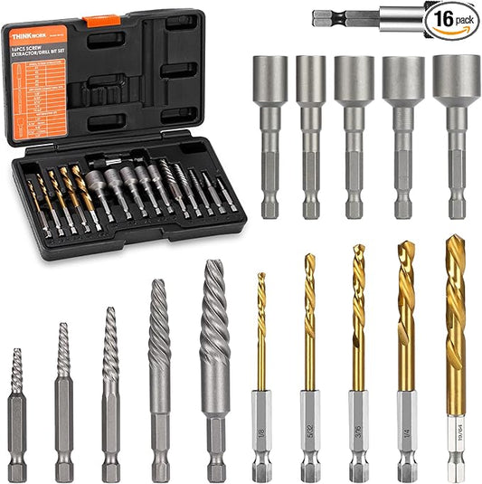 THINKWORK 16pcs Screw Extractor, Spiral Bolt Extractor Kit, Easy Out Left Hand Drill Bit Set, HSS Steel Cobalt Reverse Drill Bits for Stripped, Broken, Rusted, Rounded Screws, Bolts, Nuts, Fasteners