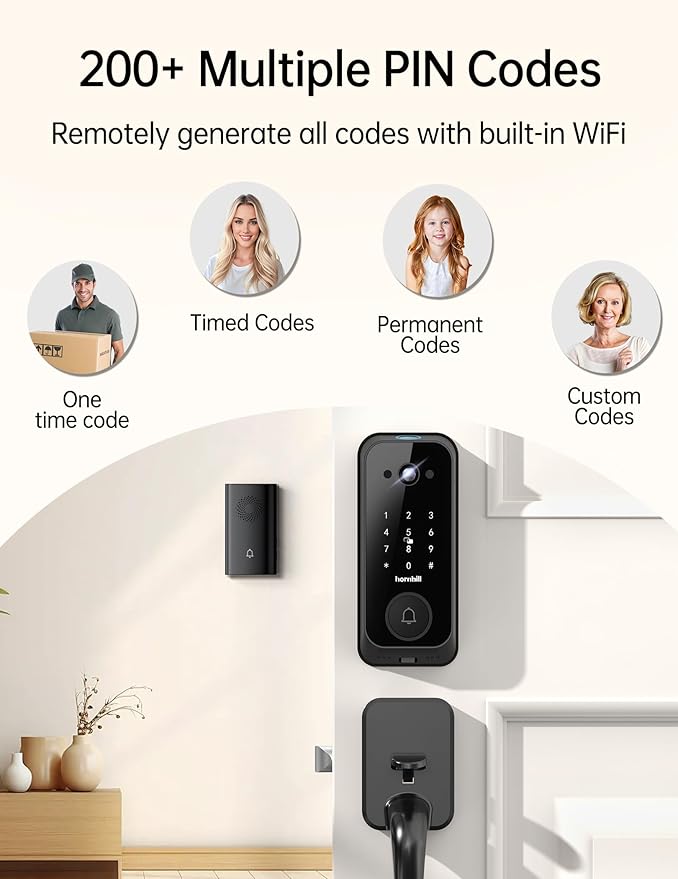 Video Smart Lock with Camera: 4-in-1 Ring+2K Camera+Doorbell+Fingerprint Hornbill Keyless Entry Door Lock, Built-in WiFi Deadbolt(only 2.4G), Two-Way Audio/App Remote Control/PIR, No Monthly Fee