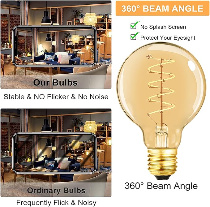 Leools Vintage LED Spiral Filament Bulb G25/G80 Dimmable Flick-Free 6W CRI95 LED Edison Globe Light Bulb E26 Base,Amber Glass,Warm White,2200K, 400LM(40W Equivalent), Pack of 4