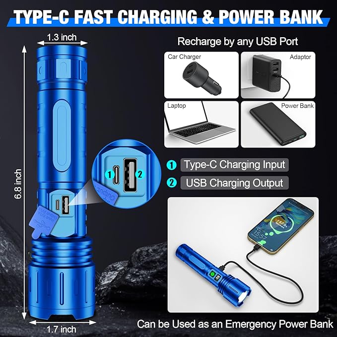 Flashlights High Lumens Rechargeable, Super Bright LED Powerful Flashlight, Type-C, 5 Modes, Zoomable, IPX5 Waterproof High Powered Tactical Flash Light for Emergency Camping,Blue