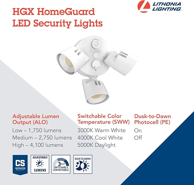 Lithonia Lighting HomeGuard 3-Light LED Outdoor Flood Lights, Outdoor LED Lights, Dusk to Dawn Sensor, Adjustable Lumens, Selectable Color, Round Heads, White (HGX LED 3RH ALO SWW2 120 PE WH M2)