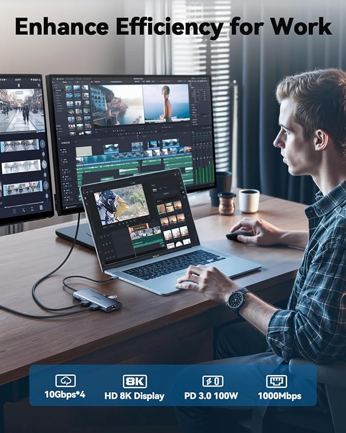 QGeeM USB C Hub,8 in 1 Extender Splitter with Single 8K,Dual 4K@60Hz HDMI,Multiport USB C to Ethernet Adapter for Type C Device,USB A 10Gbps Data,PD100W-M1/M2 only 1 Display