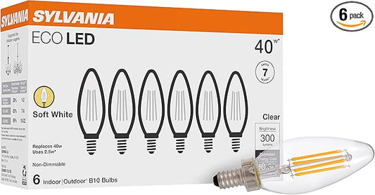 SYLVANIA ECO LED B10 Light Bulb, 40W=2.5W, 7 Year, 300 Lumens, Non-Dimmable, Clear, 2700K, Soft White - 6 Pack (40878)