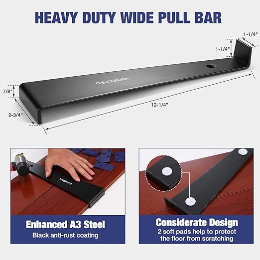 WORKPRO Laminate Flooring Installation Kit - Rubber Mallet with Fiberglass Handle, Knee Pads, Heavy Duty Pull Bar, Solid Tapping Block and Spacers - Premium Wood Flooring Installation Tool