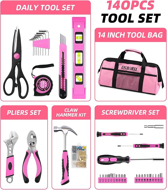 DOWELL Pink Tool Kit 140PCS for Women, Girls, Ladies, Household Tool Set with 14” Tool Bag