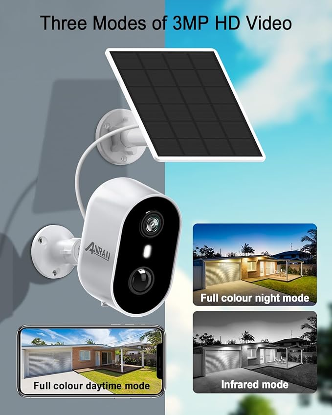 ANRAN 3MP Solar Security Cameras Wireless Outdoor for Home Security, 2K Color Night Vision WiFi Surveillance Home Camera with Solar Panel, Spotlight, PIR Detection, 2-Way Talk, Compatible with Alexa