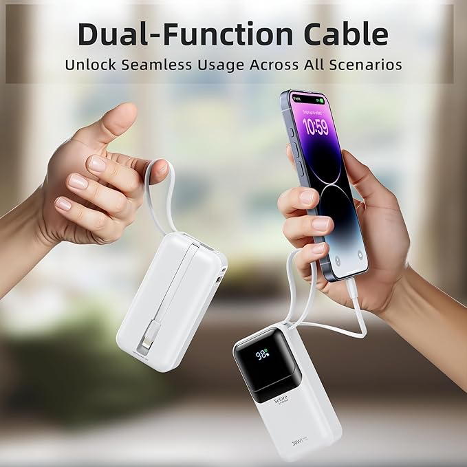 PD 30W Fast Charging Portable iPhone Charger 10 000mAh Mini Size Power Bank with Built in USB C & Lightning Cable, LED Display, Travel Battery Pack for iPhone 16/15/14/13 Series Samsung etc