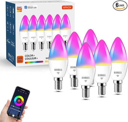 OHLUX 6 Pack E12 Smart Candelabra LED Light Bulbs, Color Changing Compatible with Google Alexa and Smart Life, 4W 40W Equivalent WiFi Candle Bulbs with Remote Control, Timer