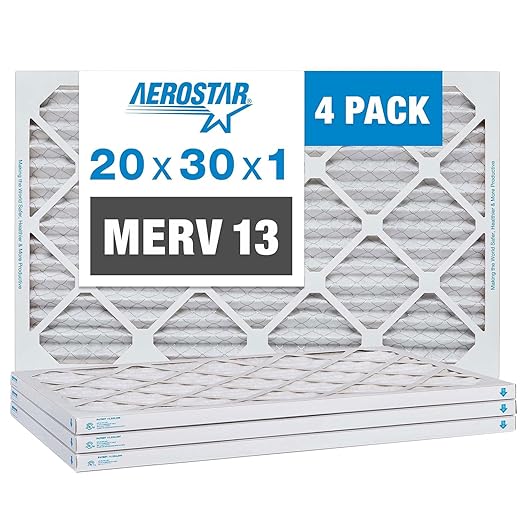 Aerostar 20x30x1 MERV 13 Air Filter, 4 Pack Set of HVAC Furnace Filters, Electrostatic MPR 1500-1900 & FPR 10 (Actual Size: 19 3/4 x 29 3/4 x 3/4 inches)