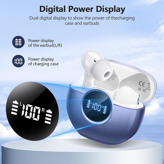 Wireless Earbuds 2025 NEW Bluetooth 5.4 Headphones Bass 3D Stereo,In-Ear Earphones with 4 ENC Noise Cancelling Mic,48H Playtime with LED Display, IPX7 Waterproof for Laptop Android iOS, Gemstone Blue