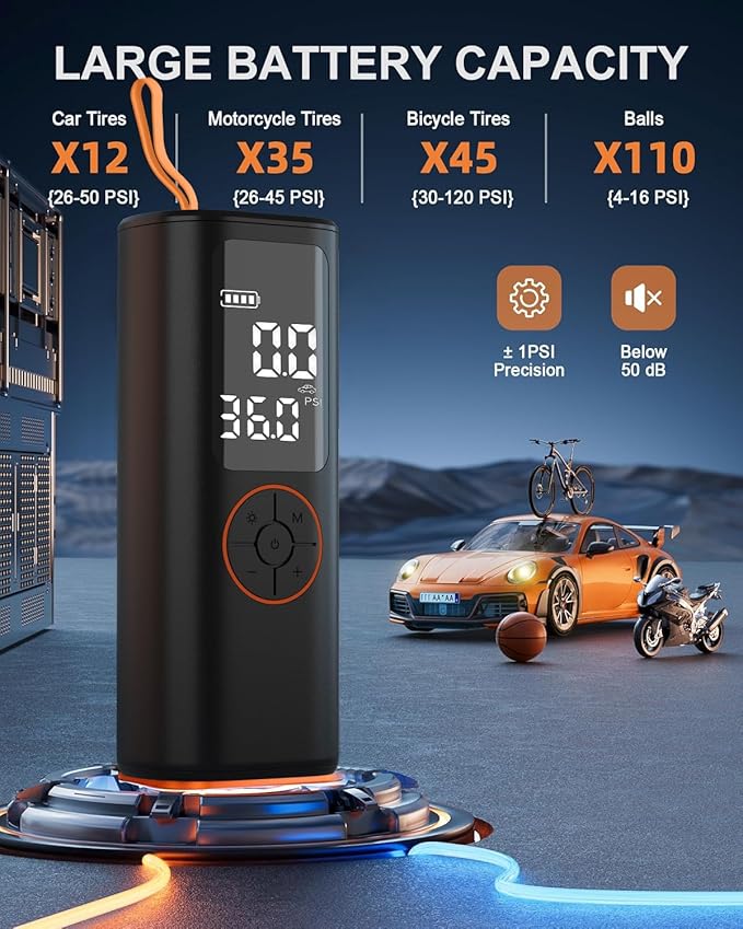 Tire Inflator Portable Air Compressor - 4X Faster Inflation Cordless Mini Air Pump with Digital Pressure Gauge with Digital Pressure Gauge/LED Light Portable Tire Inflator for Car/Moto/Bike/Ball etc.