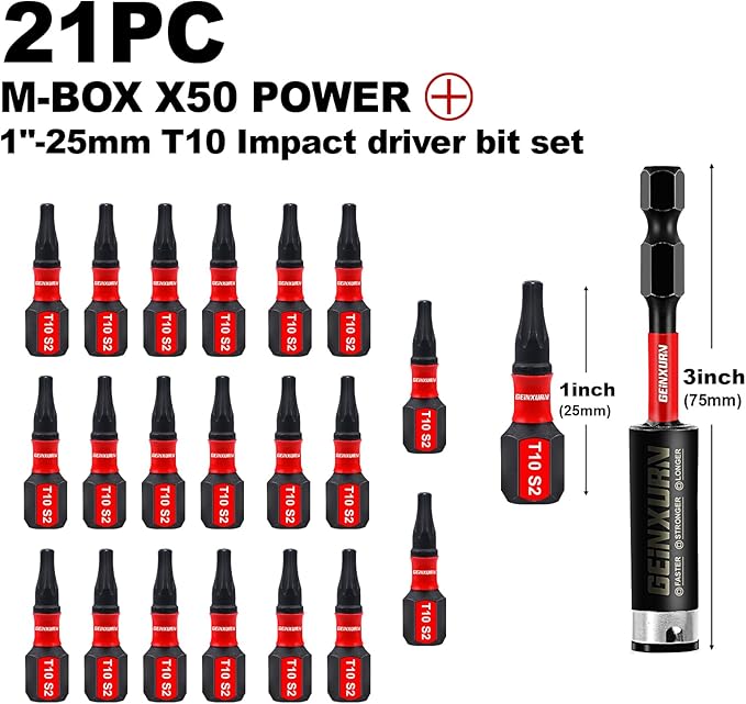 20Pieces 1 In. T10 Impact Tough Magnetic Screwdriver Bit Set, #10 Torx Head Insert Bits, S2 Alloy Steel Star Bits with 1Pc Impact Bit Holder and Storage M-Box