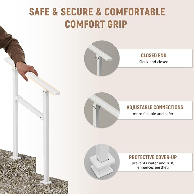 Hand Rails for Outdoor Steps,1-2 Step Railing for Stairs,Adjustable Porch Railing,Hand Rails for Seniors,Outdoor Deck Handrails for Exterior Steps,White