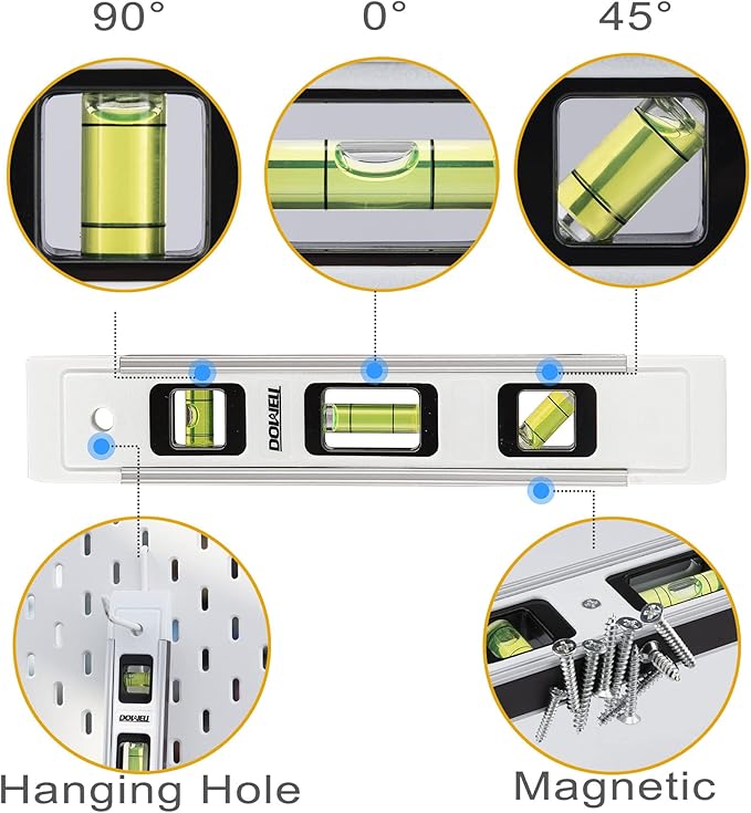 DOWELL Magnetic Torpedo Level Mini Bubble Level Box Spirit Level Alloy Frame 180/90/45 Degree 9-Inch (1, White)