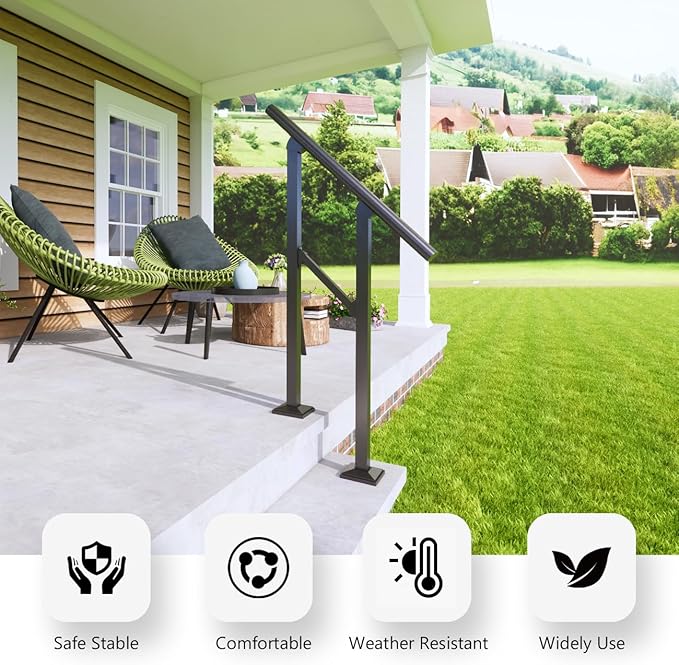 DIYHD 2 Step Handrail for Outdoor,Powder Coated Iron Stair Railing,Black Hand Rails for Indoor, Porch,Deck,1 Pack