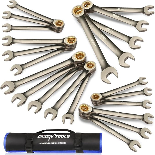 DISEN Upgraded 22-Piece Ratcheting Wrench Set, Metric & SAE, Chrome-Vanadium Steel, 90 Tooth Ratchet with Organizer