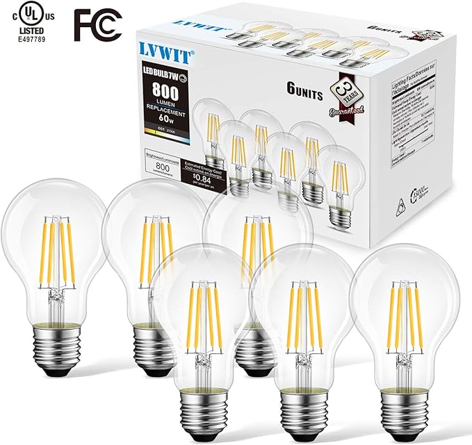 LVWIT A19 LED Vintage LED Filament Bulb E26 Base Dimmable 7W (60W Equivalent)，2700K Warm White 800 Lumens，Omnidirectional, UL-Listed, Pack of 6