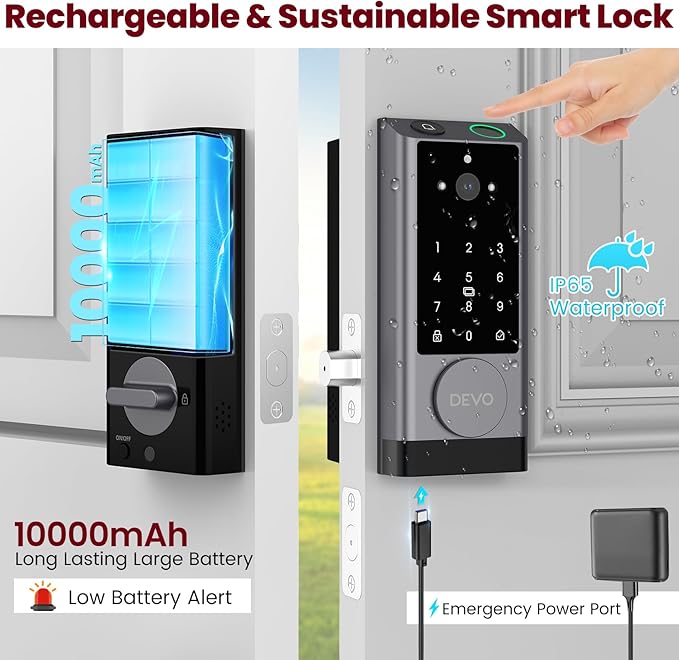 DEVO G1 Video Smart Lock with Camera & Doorbell, 6-in-1 Keyless Entry Door Lock with Fingerprint, App Remote, Auto Locks, Built-in Wi-Fi Smart Deadbolt for Front Door(Gray)