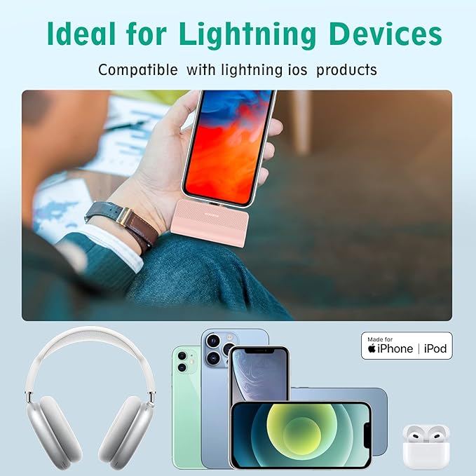 KKD Portable Charger for iPhone, Built-in MFi Certified Plug, 5000mAh Small Portable Phone Charger Power Bank for iPhone 14/13/12/11/XR/X/SE/8/7/6/6s/Pro Max/Plus,iPad,Pink