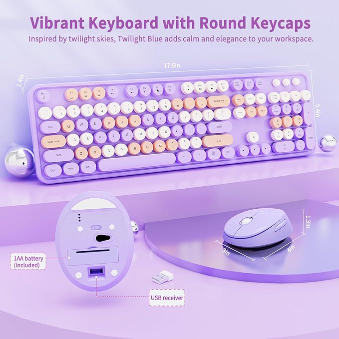 Wireless Keyboard and Mouse Combo, Retro Typewriter Keyboard with Round Keycaps, Full-Size Ergonomic, Purple, Ideal for Windows PC, Home, Office, and College