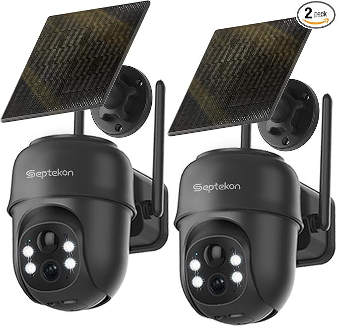 Septekon 2K Solar Security Cameras Wireless Outdoor 2 Pack, 360°PTZ Battery Powered Outdoor Camera, 2.4G WiFi Camera with Spotlight Color Night Vision, Motion Sensor Alarm, IP66, Black