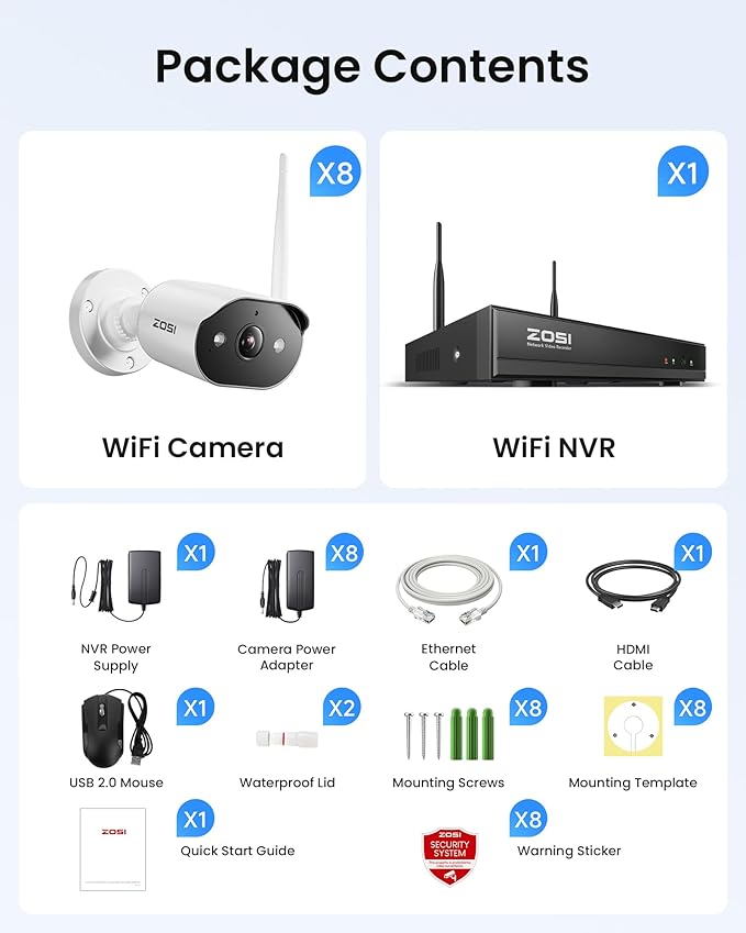 ZOSI 8CH 2K WiFi Home Security Camera System with 2TB HDD,8X 3MP Indoor Outdoor WiFi Cameras,Color Night Vision,Two-Way Audio,Light & Siren Alarm,2K H.265+ 8CH NVR Recorder for 24/7 Recording