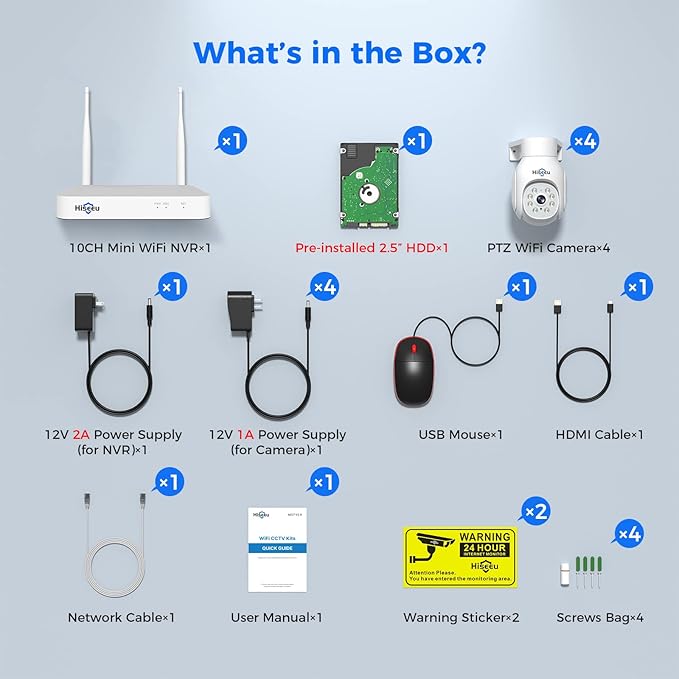Hiseeu 5MP Wireless PTZ Security Camera System, Indoor Outdoor IP66 Waterproof WiFi Camera, 4K 10CH NVR, 2-Way Audio, Motion Detection Alarm, 24/7 Surveillance, 1TB Hard Drive (Plug-in Power Supply)