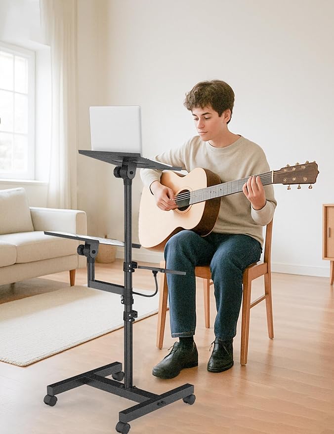 Projector and Laptop Stand Tripod, 2 Shelves Mobile Laptop Tripod Stand, Max 47" Height Adjustable Laptop Cart on Wheels, Projector Floor Stand with Ventilated Tray for Podium, Meeting, Couch