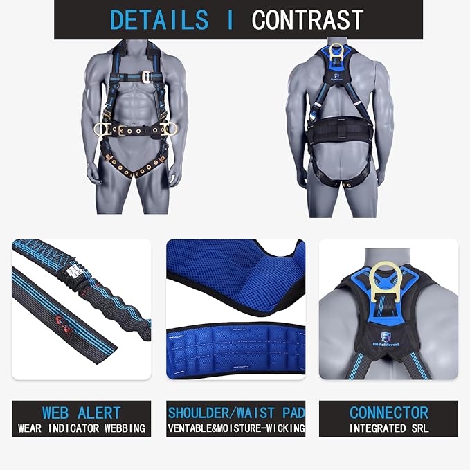 Safety Harness Fall Protection Kit,5pt Full-Body Roofing harness with Support Waist Pad,Vented & Padded Shoulder For Construction(XL/2XL)
