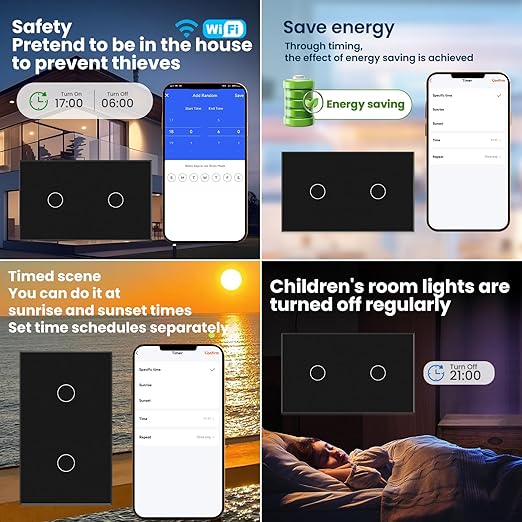 Smart Light Switch 3 Way Need Neutral Wire,FCC Certified,2.4GHz WiFi Switch Glass Panel APP Control Timer Work with Tuya/Smart Life,Alexa and Google Home,Black 2 Gang