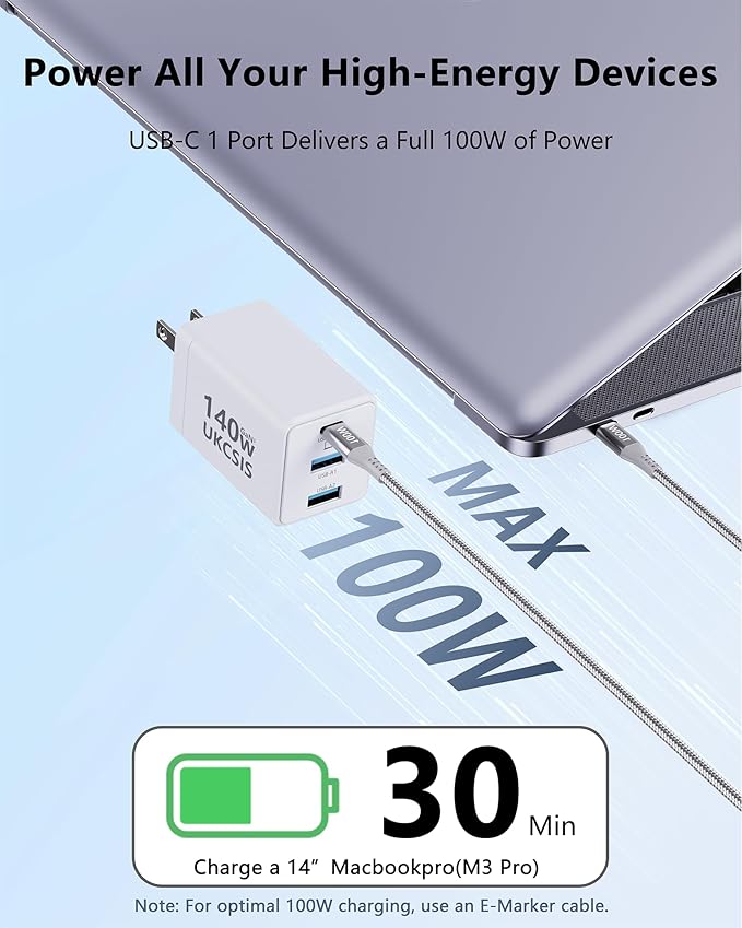 2Pack Mac Book Charger 140W, USB C Fast Charger Foldable 3-Port Multi-Device Fast Power Adapter, USB C Charger for MacBook pro/Air, Dell, Samsung Galaxy, iPad Pro, and More(White)