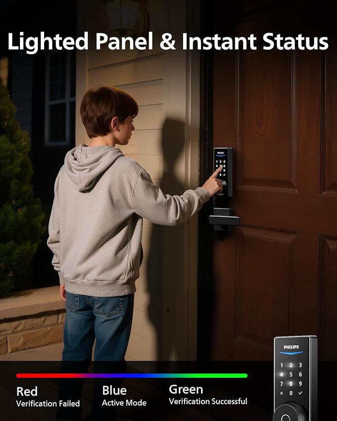 Philips Built-in WiFi Smart Lock, Keyless Entry Door Lock with App, Touchscreen, Indicator Light, Fingerprint Door Lock — Works with Alexa & Google, Splash-Proof Design, Includes 8 Batteries