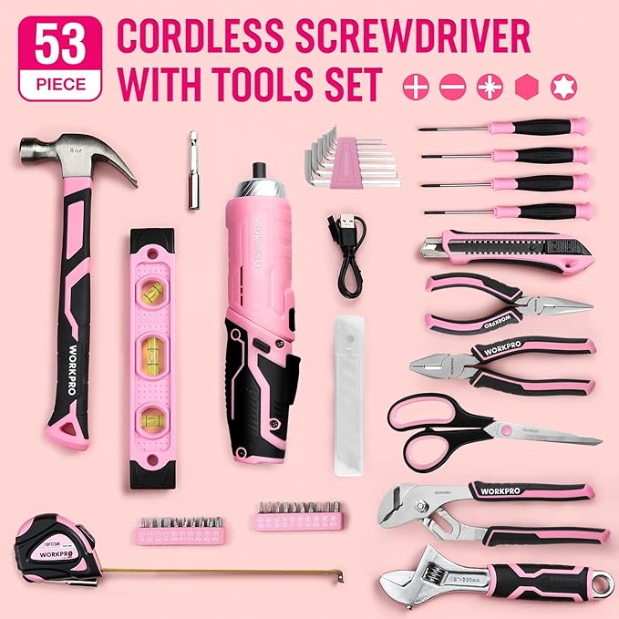 WORKPRO 53-Piece Pink Tool set with Electric Cordless Screwdriver, Basic Tool Kit Set for Women with 13'' Portable Tool Bag for DIY Home Repair/Maintenance - Pink Ribbon