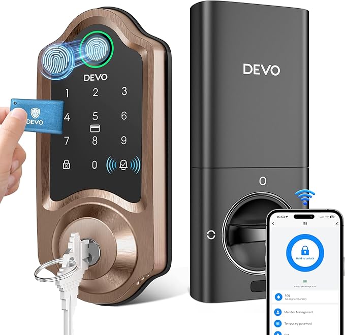 DEVO G8 Fingerprint Smart Lock, Keyless Entry Door Lock with Doorbell, Built-in Wi-Fi Deadbolt, Smart Door Lock for Front, APP Remote, Auto-Locks,Easy Install, IP54 Waterproof