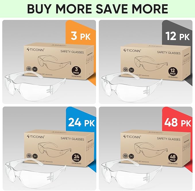 TICONN Clear Safety Glasses for Men, Safety Goggles with Scratch Impact Resistant Meets ANSI Z87.1 Standard