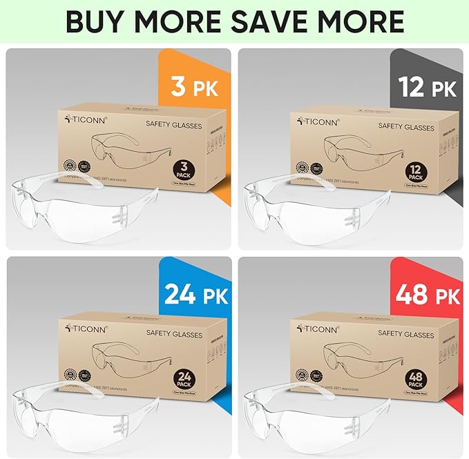 TICONN Clear Safety Glasses for Men, Safety Goggles with Scratch Impact Resistant Meets ANSI Z87.1 Standard