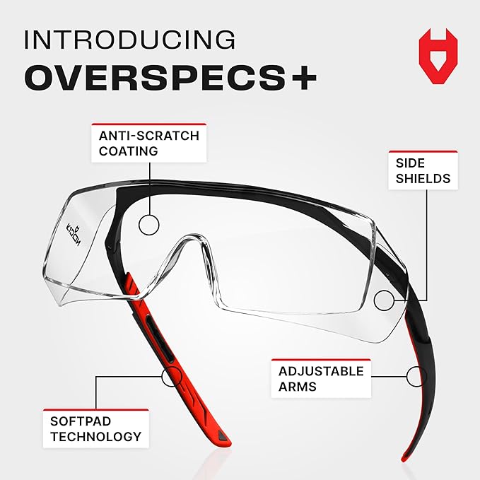 NoCry Safety Glasses That Fit Over Your Prescription Eyewear. Clear Anti-Scratch Wraparound Lenses, UV400 Protection, ANSI Z87 & OSHA Certified. Use in the Lab, Travelling, Black & Red (10-pack)