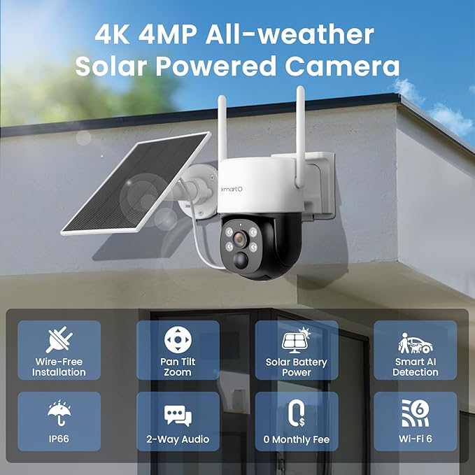 xmartO [Solar/Battery Powered] Wire-Free Home Security Camera Wireless Outdoor/Indoor (Rechargeable Long Battery Life,AI Motion Detection,Spot Light and Siren,Optional Solar Panel)