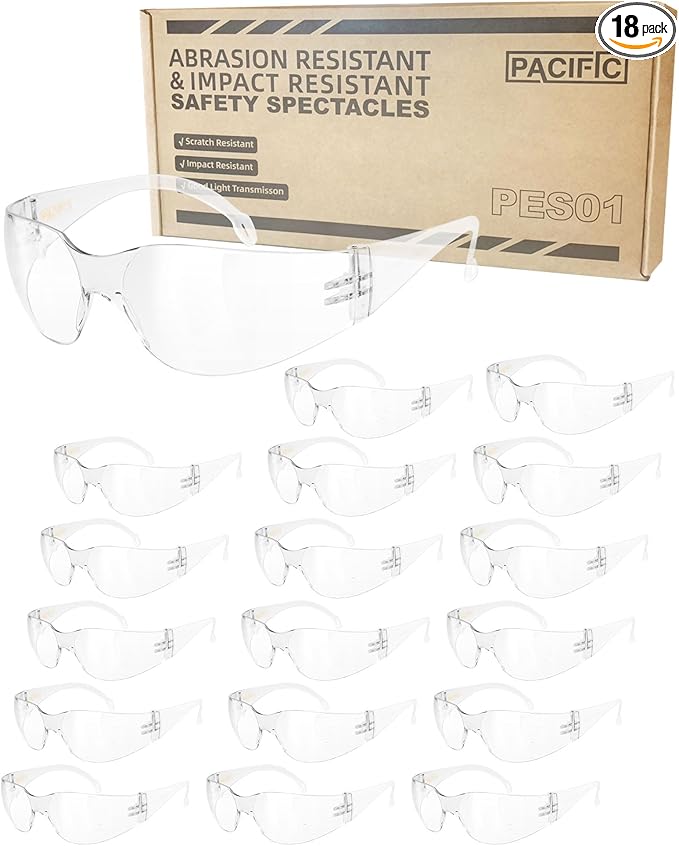 PACIFIC PPE 18 Pack Safety Glasses for Men and Women, ANSI Z87 Protective Eyewear with Scratch Resistant Clear Wraparound Lenses, Adjustable Goggles for Lab, Work and Shooting