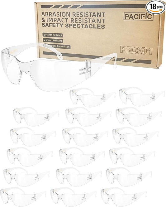 PACIFIC PPE 18 Pack Safety Glasses for Men and Women, ANSI Z87 Protective Eyewear with Scratch Resistant Clear Wraparound Lenses, Adjustable Goggles for Lab, Work and Shooting