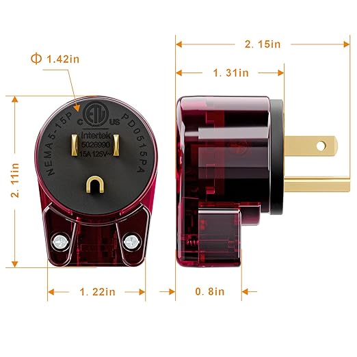 Nema 5-15P Plug, 90 Degree Right Angle Plug 15A 125V Angled Plug, Nema 5-15P DIY AC Plug,USA 3-Prong Household Right Angle AC Plug, Red Color ETL Verified, Red