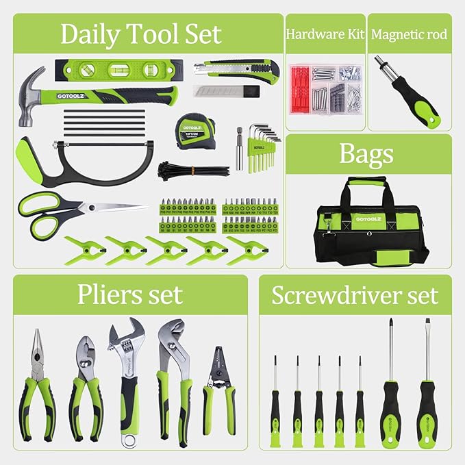 269-Piece Home Tool Set, General Household Repairing Tool Kit with Storage Bag, Basic Hand Tool Kit Set for Home Maintenance, DIY and Crafts (Green)