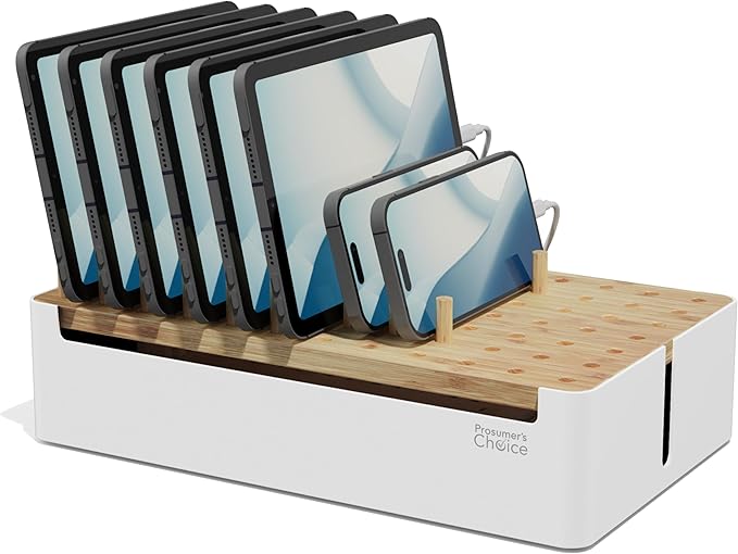 Prosumers Choice Bamboo Charging Station for Multiple Devices - Wooden Charger Organizer with Removable Dividers for Phones, Tablets, and Laptops - 11 Inch Cable Organizer Box - Space-Saving Desk Dock