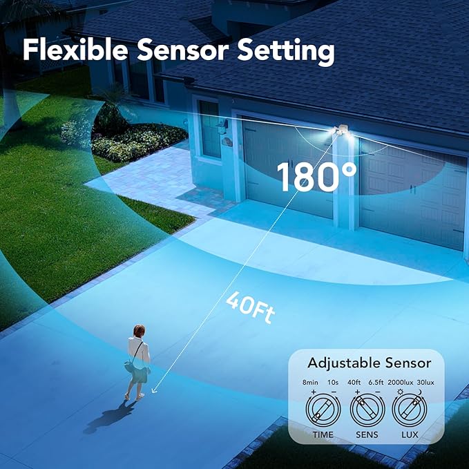 OREiN Motion Sensor Outdoor Lights, 450° Superwide Adjustment Dimmable Dusk to Dawn Flood Lights Outdoor, 5000K/12W (150W Equiv) Outside LED Security Lights IP65, White (Hardwired)