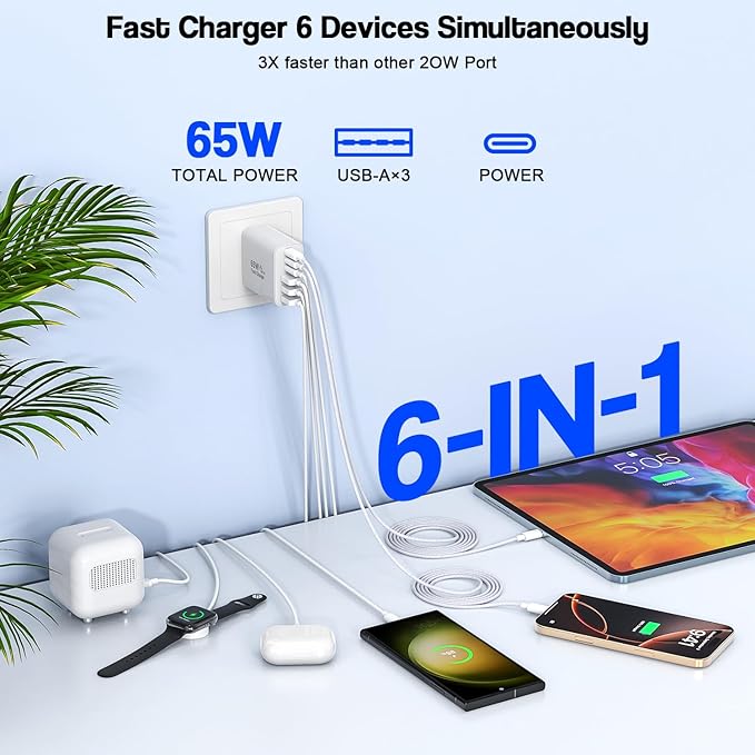65W USB C Charger Block, 2Pack 6-Port Fast Charging Block with 6ft Long TypeC to TypeC Woven Cable Cord,Multiport Plug,USB C Power Adapter for iPhone 17/17 Air/17 Pro/16/16e/16 Pro Max/15,iPad,AirPods