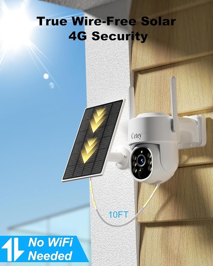 4G LTE Cellular Security Camera Wireless Outdoor, No WiFi Solar Powered Camera for Farms, Ranches, Estates Surveillance, 2K Color Night Vision, 360°PTZ, 2-Way Audio, PIR Motion Sensor