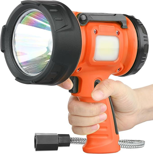 Rechargeable Spotlight Flashlight, IP65 Waterproof Searchlight Handheld Work Light with Foldable Stand and Red Lens- Orange